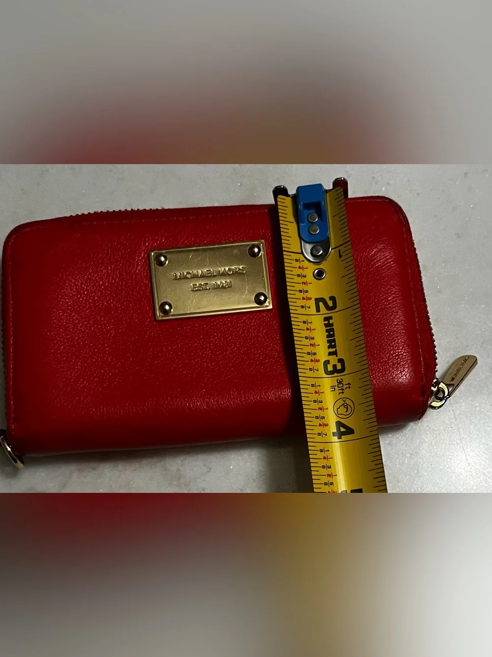 Michael Kors red Pebbled Leather Zip Around Wallet Gold Plate SEE PICS-
